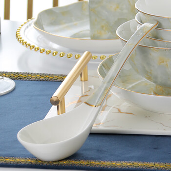 Ruijiu (ruijiu) large gold-painted bone china spoon ceramic soup spoon small spoon household long-handled large mago spoon for porridge large spoon yunjuan yunshu bone china gold-painted large spoon