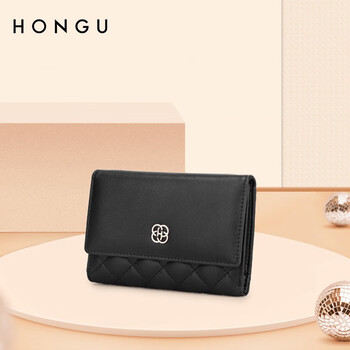 Honggu (hongu) 2025 spring and summer new wallet women's fresh small fragrance style diamond cowhide short wallet clutch bag women black (h10503409)