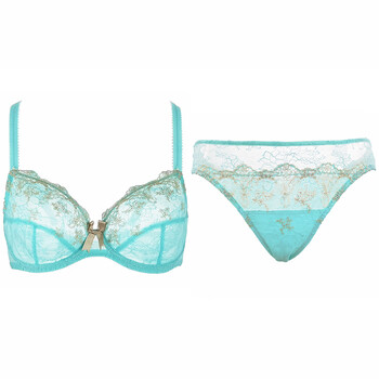 Selmark double layer lace tulle embroidered bra hip covering underwear set new year and christmas gift tiffany blue 75b