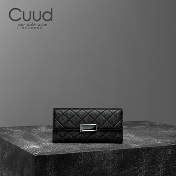 Cuud wallet women's long fashionable cowhide large capacity card holder mobile phone wallet diamond coin purse multifunctional clutch black