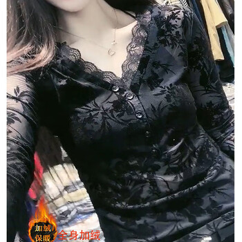 Lauaird velvet thickened lace bottoming shirt for women autumn and winter new slim mesh v-neck style shirt with long-sleeved top inside black velvet s recommended 80-100 pounds