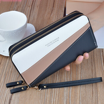 The cloth is simple, new double zipper wallet, women's long clutch, korean style stitching, contrasting color, large capacity, double layer wallet, mobile phone bag, black