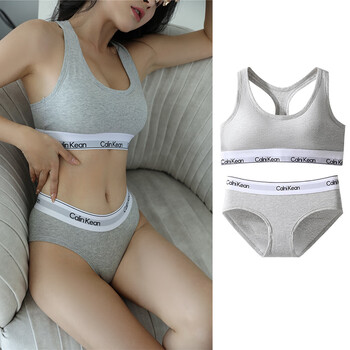 Ck underwear women's pure cotton vest bra comfortable sports set sexy underwear shockproof no wires gray suit underwear + bra m size 105-120 jin