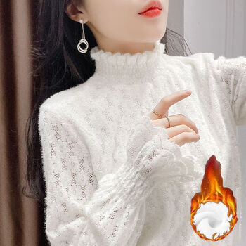 Kahtop2025 autumn and winter new style fashionable lace bottoming shirt women's velvet warm underwear top small shirt dle white velvet xl recommended 120-135 catties