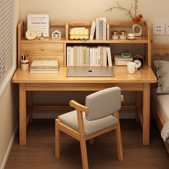 Shousheng solid wood desk bookshelf integrated table student home study desk simple bedroom computer table desktop desk recommended all solid wood varnish single table 80*50*75cm