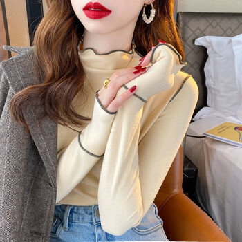 Xian fei reversible german velvet bottoming shirt for women 2022 autumn and winter warm half turtle collar fungus trim knitted long sleeve t-shirt top for women fashionable and wearable slim long sleeve t-shirt for women beige l (80-120 jin)