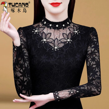 Woodpecker long-sleeved half-high collar lace hollow embroidery fashionable bottoming shirt with slim waist, thickened velvet, fashionable and versatile top, black, thin, l, recommended 100-110 catties