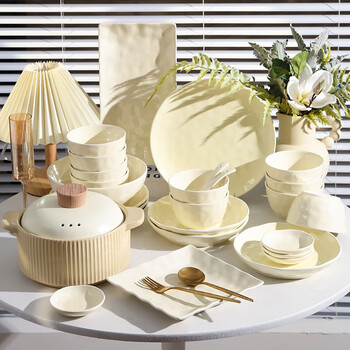 Kangmo's new cream-style bowl set is a practical gift for housewarming. ceramic bowl and plate, underglaze color tableware set, 8-person meal, 36 pieces, with soup bowl, gift box