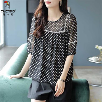 Woodpecker summer new style korean style round neck lace spliced chiffon shirt women's quarter sleeve floral temperament short sleeve top black flower (good quality/boutique fabric) 3xl suitable for 140-160 jin