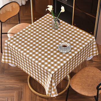 Vantablack small fresh tablecloth waterproof, oil-proof, anti-scalding, no-wash plastic pvc table mat tablecloth, square dining table cloth, tea table cloth, khaki small grid 140*140cm (suitable for square table/mahjong table/round table