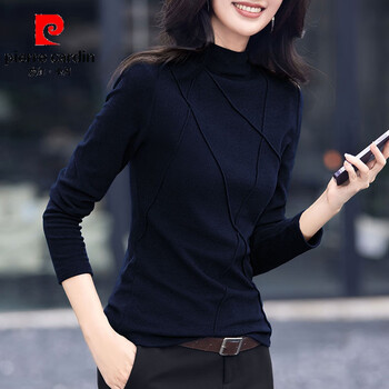 Pierre cardin half turtleneck bottoming shirt for women autumn and winter 2025 new style german velvet stitching fishbone line foreign style plus velvet thickened inner top dark blue fishbone stitching half turtleneck style m