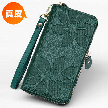 Sharelove genuine leather wallet long women's mobile phone bag zipper multi-card slot wallet first layer cowhide yellow fortune wallet new style green plum pattern, single zipper