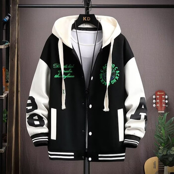 Harbor bay jacket men's baseball jacket men's velvet thickened hooded jacket autumn and winter sports trendy handsome teen clothes black (earth) xl about 120-140 jin