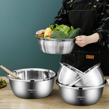 Le creuset stainless steel sink five-piece set, rice drain basin, fruit drain basket, noodles, seasonings, marinated meat, thickened soup basin, thickened five-piece set 24-30cm