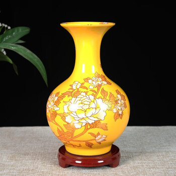 Yuelingmei jingdezhen ceramics chinese red vase ornaments chinese wine cabinet decorations living room study flower arrangement crafts imperial yellow peony appreciation vase