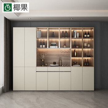 Coconut sideboard modern light luxury modern simple tea and wine cabinet multi-functional restaurant cupboard kitchen wine cabinet storage cabinet sandalwood elm with cream gray 280 length b+c+a style