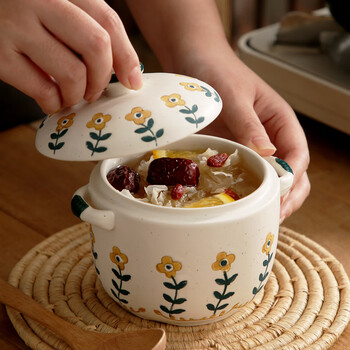 Duo meiran retro ceramic water-proof stew pot with lid japanese-style water-proof stew household soup cup double-eared bird's nest stew bowl steamed egg cup stew pot small yellow flower small stew pot 450ml