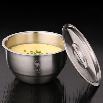 Sansi steel 304 stainless steel bowl, steamed egg bowl, household dessert ramen bowl with lid, large bowl, steamed rice soup cup, stew pot, kitchen supplies, 1 internal and external sanding, about 486ml 12cm