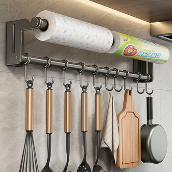 Added kitchen hook paper towel holder hanging spoon shovel wall hanging punch-free storage rack rack row hook storage hanging rod
