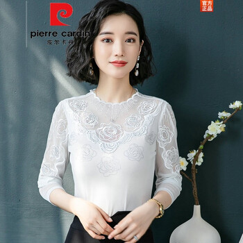 Pierre cardin lace bottoming shirt for women 2025 spring and autumn long-sleeved slim-fitting bright silk mesh thin inner top 6254 white hydrangea thin 3xl (135kg-160kg)