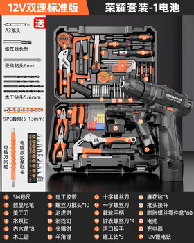 Green forest toolbox home set multifunctional hardware electrician repair combination complete car brushless electric drill 12v two-speed standard edition 1 battery honor set