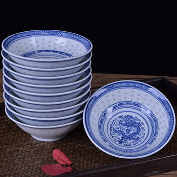 Xinguo longxuan shallow bowl blue and white porcelain bowl set dragon pattern ceramic home custom printed logo jingdezhen adult traditional nostalgic vegetable bowl 1 pack