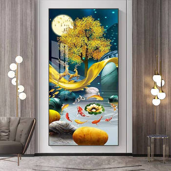 Kecss light luxury fortune elk koi cross stitch 2025 new line embroidery living room handmade simple modern vertical version entrance hall cotton thread 50*100 cm medium grid 3-strand thread embroidery