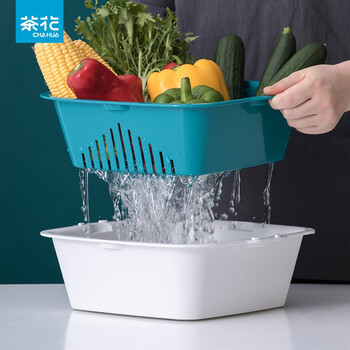 Camellia (chahua) camellia double-layer blue vegetable washing basin, fruit plate, drip basket, plastic drain basket, fruit and vegetable drain basin, vegetable sifter