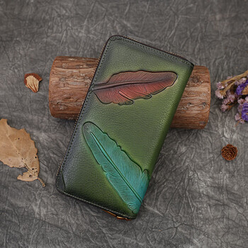 Orpheus original handmade wallet women's first layer cowhide wallet women's retro genuine leather wallet women's long korean version trendy large capacity green