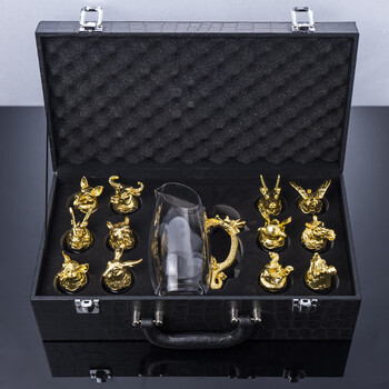 Shangjiabang wuliangye wine set twelve zodiac signs 12 white wine glasses set wine divider chinese small wine glass one cup father's day golden twelve zodiac signs (leather box)