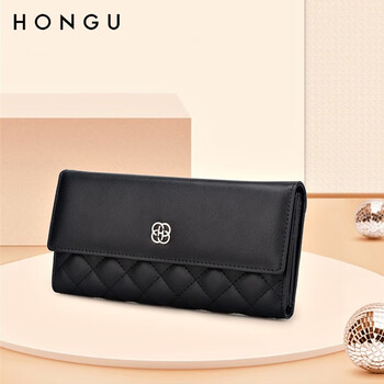 Honggu (hongu) new women's wallet women's long cowhide wallet wallet long three-fold women's wallet clutch black