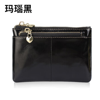 Kuqidaishu coin purse women's mini card holder key bag small zipper short soft leather small bag genuine thin leather clutch oil waxed leather - agate black