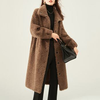 Mishid sheep shearing coat women's 100% wool fur one-piece light luxury sheep shearing coat fur one-piece women's knee long style brown s recommended 90 to 116 catties