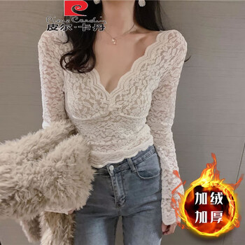 Pierre cardin low-neck lace bottoming shirt for women thickened 2025 high-end autumn and winter style gauze dress v-neck mesh top white plus velvet m