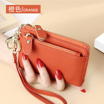 Kuqi kangaroo (kuqidaishu) first-layer cowhide hand-held small wallet for women with multiple card slots keychain coin integrated hand-carrying genuine leather key bag wrist bag orange