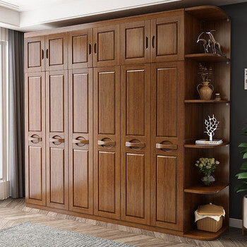 Millennium shengshi chinese solid wood wardrobe simple modern combined large wardrobe wooden assembled bedroom furniture walnut color 8612k 6 doors + top cabinet + side cabinet