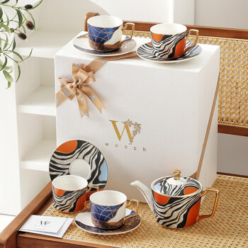 Wooch modern era series 4 cups and saucers 1 pot gift box english afternoon tea housewarming wedding souvenir modern orange pot + four cups and saucers 2 blue + 2 orange + white gift box
