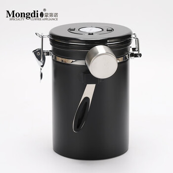 Mongdio coffee bean storage tank 304 stainless steel coffee can, coffee powder sealed tank with spoon, black with spoon 1.8l (approximately 750g)