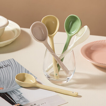 Sumeiji household ceramic spoon drinking spoon creative dessert spoon long handle cute deep spoon coffee stirring spoon morandi cream mix color 4 pack