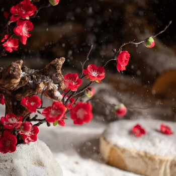 Juhan chinese-style simulated plum blossom branches, winter plum blossoms, fake dried flowers, desktop, medieval style winter plum, home living room, entrance hall decoration ornaments, 3 simulated plum blossom branches (red)