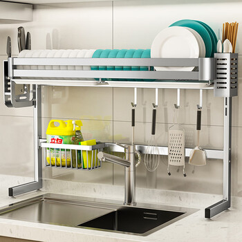 Luck kitchen ultra-narrow sink rack 304 stainless steel drain rack above the dish rack dishes and cutlery storage rack original color narrow style 87cm (full set + 6 hooks)