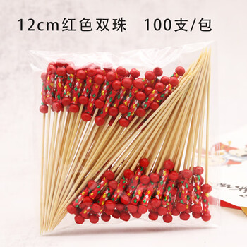 Yisheng disposable fruit picks, high-quality bamboo flower picks, fruit forks, creative art picks, cocktail picks, sandwich fruit picks, 12cm double red beads, 100 pieces