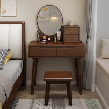 Nordic solid wood dressing table 60/80cm small apartment bedroom simple dressing table light luxury dressing table storage cabinet integrated walnut color 80cm double drawer + makeup stool without light