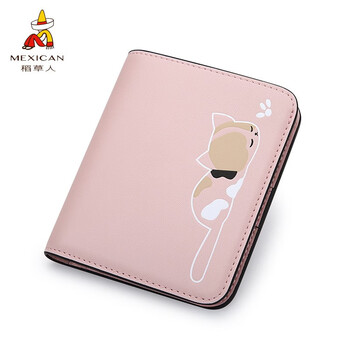 Scarecrow wallet women's short genuine leather new cowhide women's coin purse built-in zipper folding small wallet cat coin bag pink 10.5*2*9cm