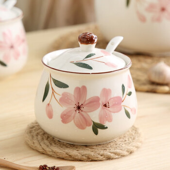 Duomeiran duomeiran japanese-style underglaze hand-painted cherry blossom seasoning bottle jar oil and salt jar restaurant oil spicy jar household single single large cherry blossom seasoning jar + about 1 catties of lard 650 grams of salt with spoon