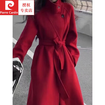 Pierre cardin thickened wool new cashmere autumn and winter coat long stand-up collar double-sided new year woolen jersey coat angora red m