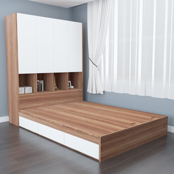 Pingziji multifunctional tatami bed set, small apartment storage cabinet, bedroom furniture, enf grade paint-free board customization, embossed walnut, 1.5m tatami + vertical cabinet