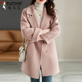 Woodpecker mid-length loose woolen coat tops for women 2025 autumn and winter new fashion woolen coat design korean version pink l recommended 100-115 catties