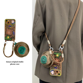 Bobart fisherman hat headphone bag suitable for iphone15promax mobile phone case apple 14 hand strap 13promax cute 16pro protective shell overalls bear 12 crossbody strap overalls bear + double layer brown hand rope + brown fisherman hat + double layer crossbody iphone16promax