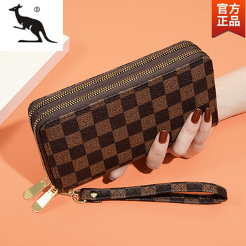 Kuqidaishu long wallet for women 2025 new style printed large capacity temperament double zipper clutch bag can hold mobile phone wallet dark brown color